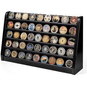 Challenge Coin Display Case, 5 Row Military Coin Wooden Holder Rack Stand Holds 50 Coins for Desk or Wall Mount, Coin Holders for Collectors (Black Finish)