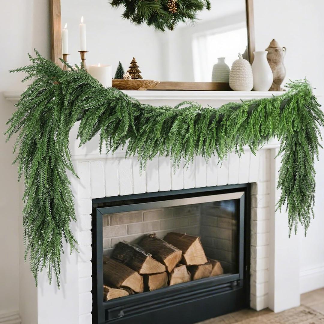 DR.DUDU 6FT Christmas Norfolk Pine Garland, Artificial Greenery Garland Christmas Decorations Indoor for Mantle Fireplace Stairs, Xmas Home Décor