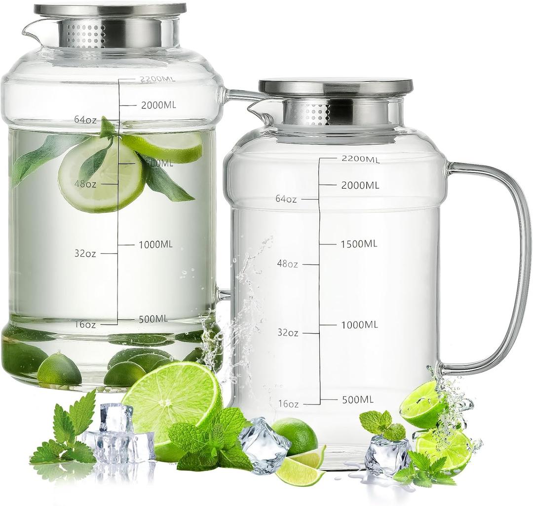 Buaic Glass Pitcher with Lid, 2 PACK 74 oz/2.2L Water Pitcher, Clear Borosilicate Glass Water Carafe for Cold Brew, Coffee, Lemonade, Iced SunTea,Beverage, Heat Resistant Water Glass Jug