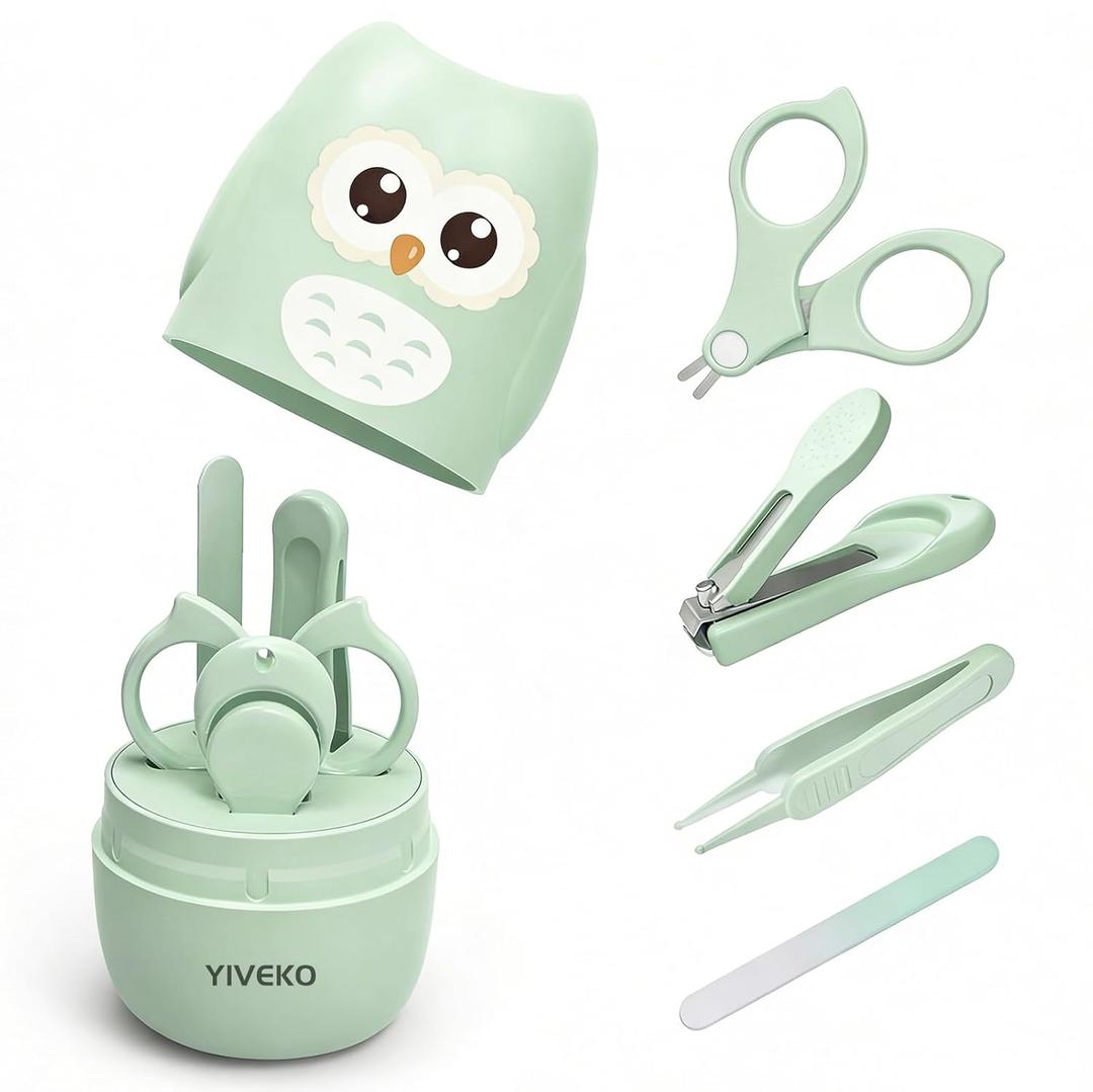 Baby Nail Kit, 4-in-1 Baby Nail Care Set with Cute Case, Baby Nail Clippers, Scissors, Nail File & Tweezers, Baby Manicure Kit and Pedicure kit for Newborn, Infant, Toddler, Kids-Owl Green