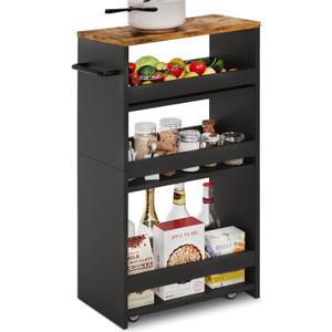 TEAMIX 4 Tier Slim Storage Cart with Handle, Slide Out Storage Rolling Utility Cart Mobile Shelving Unit Organizer Trolley for Small Spaces Kitchen Laundry Narrow Places (Black+Brown, 7-7/8'' W)