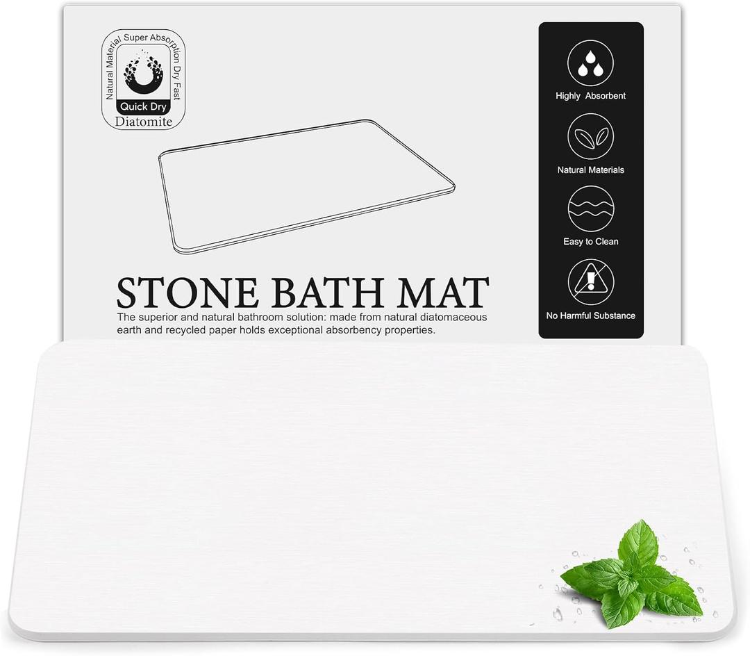 Greenturf Large Diatomite Stone Bath Mat, Premium Non-Slip Natural Diatomaceous Earth Bathtub Fast Drying Mats for Bathroom Floor (30" x 17" White)