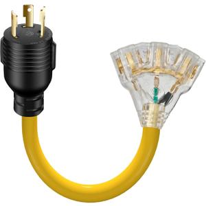 30 Amp to 110 Outdoor Generator Adapter Power Cord, 3 Prong Locking 30 Amp to 15 Amp Generator Cord, NEMA L5-30P Male to 3X 5-20R Female with Lighted End, 1.5FT