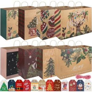 woric 16 Extra Large Christmas Gift Paper Bags with Handles, 48 Christmas Gift Tags, 20x15x7 Inch Large Xmas Gift Bags for Wrapping Presents Party Supplies Stocking Stuffers (Green Retro)