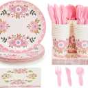 144 Pieces Pink Floral Party Supplies, Flower Plates, Napkins, Cups, Cutlery for Baby Shower, Tea Party (Serves 24)