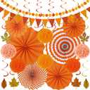 27PCS Thanksgiving Decorations, Happy Thanksgiving Banner, Orange Yellow Harvest Pompom Garland Paper Fan Hanging Swirls for Fall Harvest Party Decorations Decor Accessories Indoor Outdoor Supplies