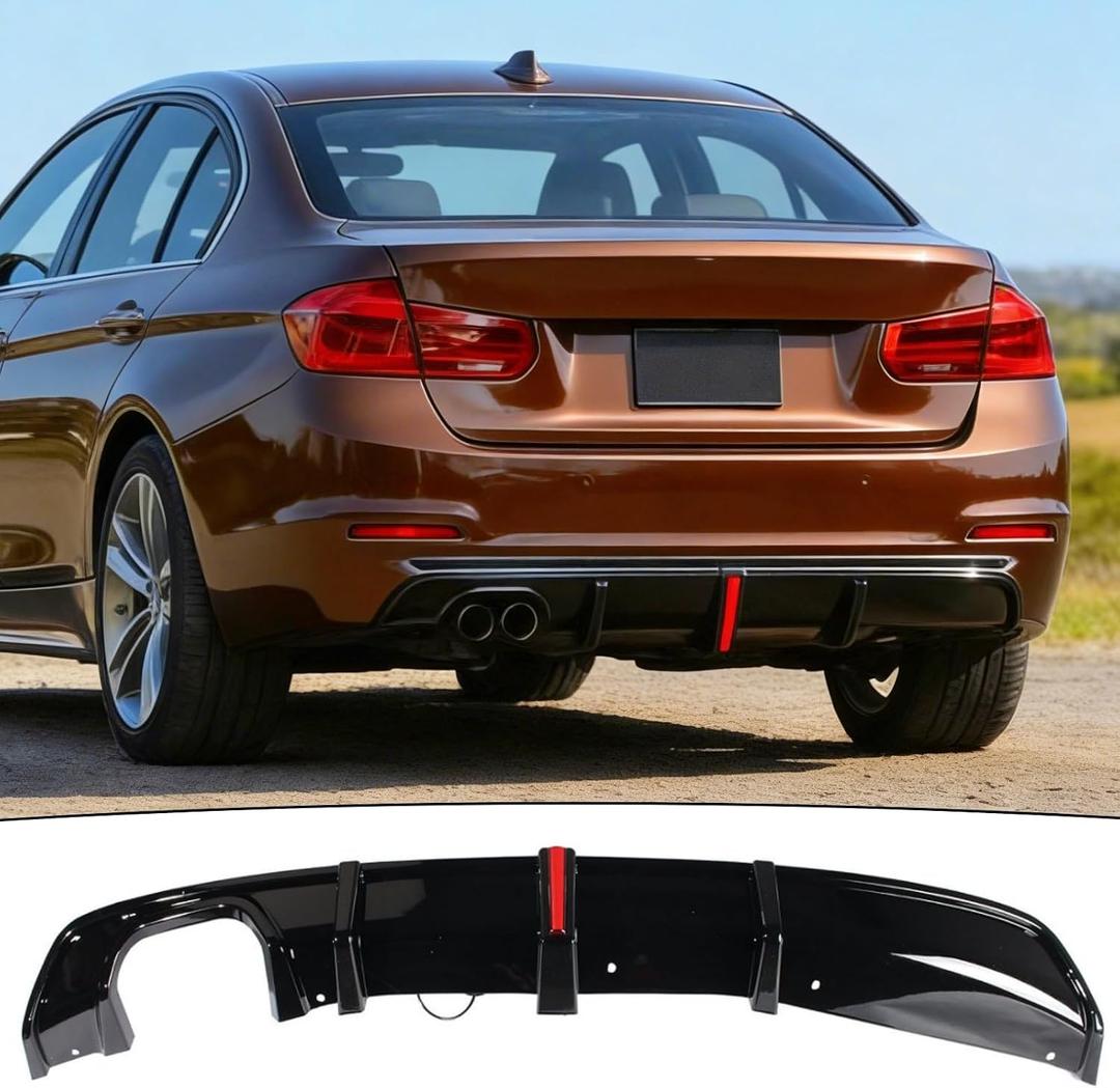 Rear Diffuser w/LED Light Fit for BMW 3 Series F30 LCI 2016 2017 2018 328i/ 330i/ 330e Accessories (Base/Regular Model Only) Replaced Rear Bumper Lower Lip Splitter Exterior Part Gloss Black