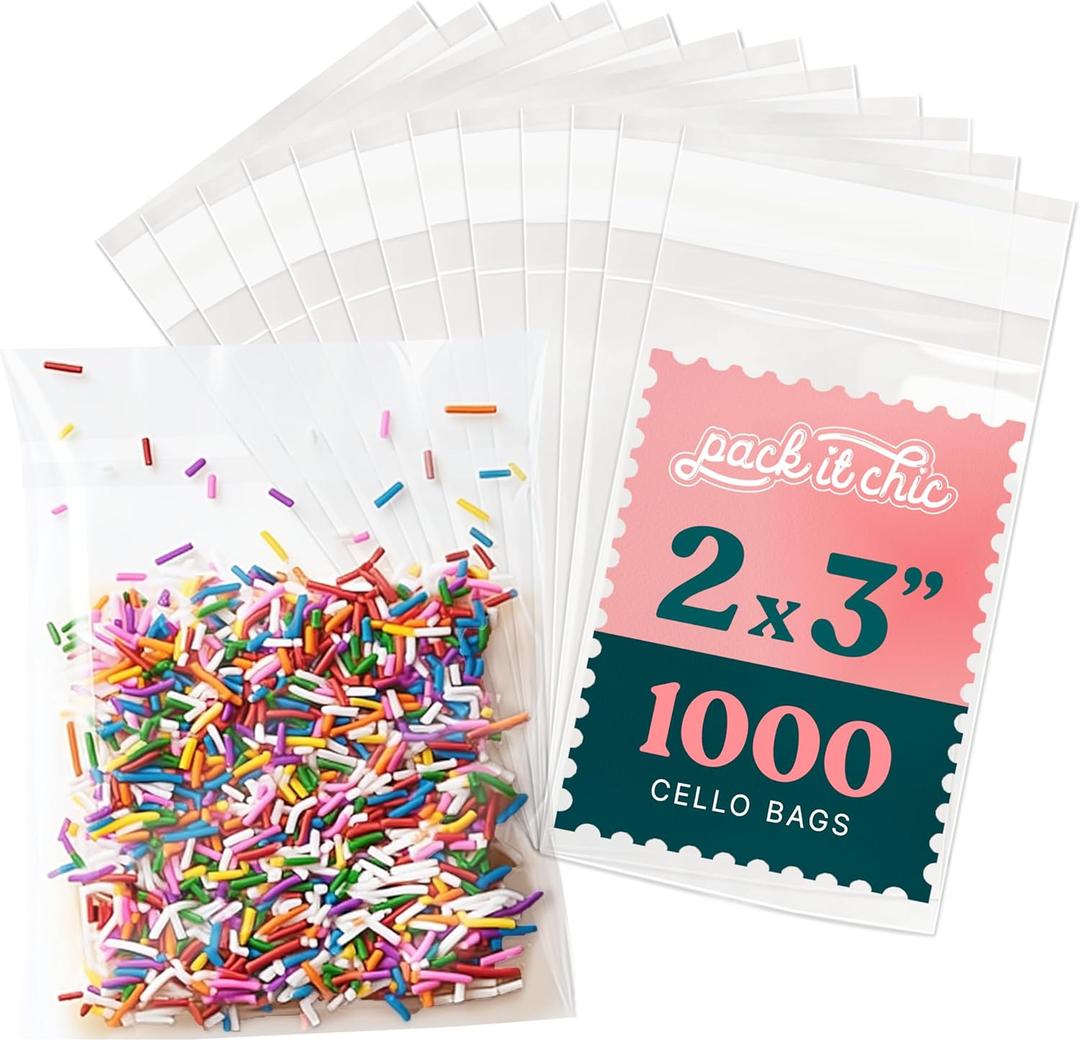 2" X 3" Self Sealing Cellophane Bags (1000 Pack) - Clear Cookie Bags With Seal for Baked Goods Packaging, Cookie Wrappers, Bakery Packaging, Bake Sale, Candy, Treats, Goodies, Gifts, Party Favors
