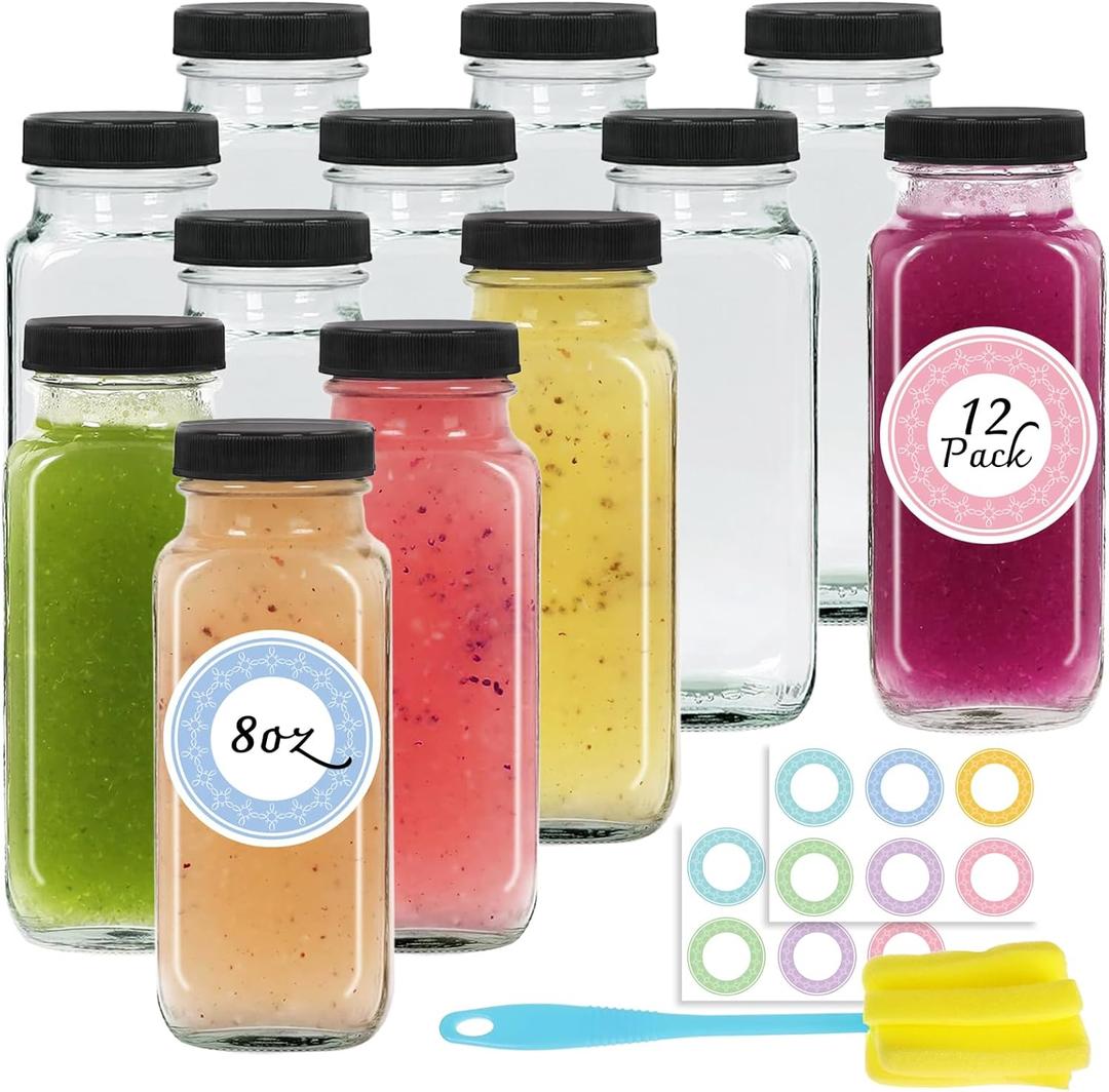 NEWMIAO 12 pack 8 oz Glass Juice Bottles with Lids, Reusable Glass Water Bottles, 250 ml Juice Containers Drinking Jars with Brush, Drink Jars for Milk, Juicing, Kombucha, Ginger