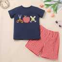 IMEKIS Back to School Outfits for Boy: First Day of School Outfit Boys Kindergarten Apple Shirt Top with Shorts Matching Sets Picture Day Outfits for School Toddler Kids Preschool Navy Blue 5-6 Years