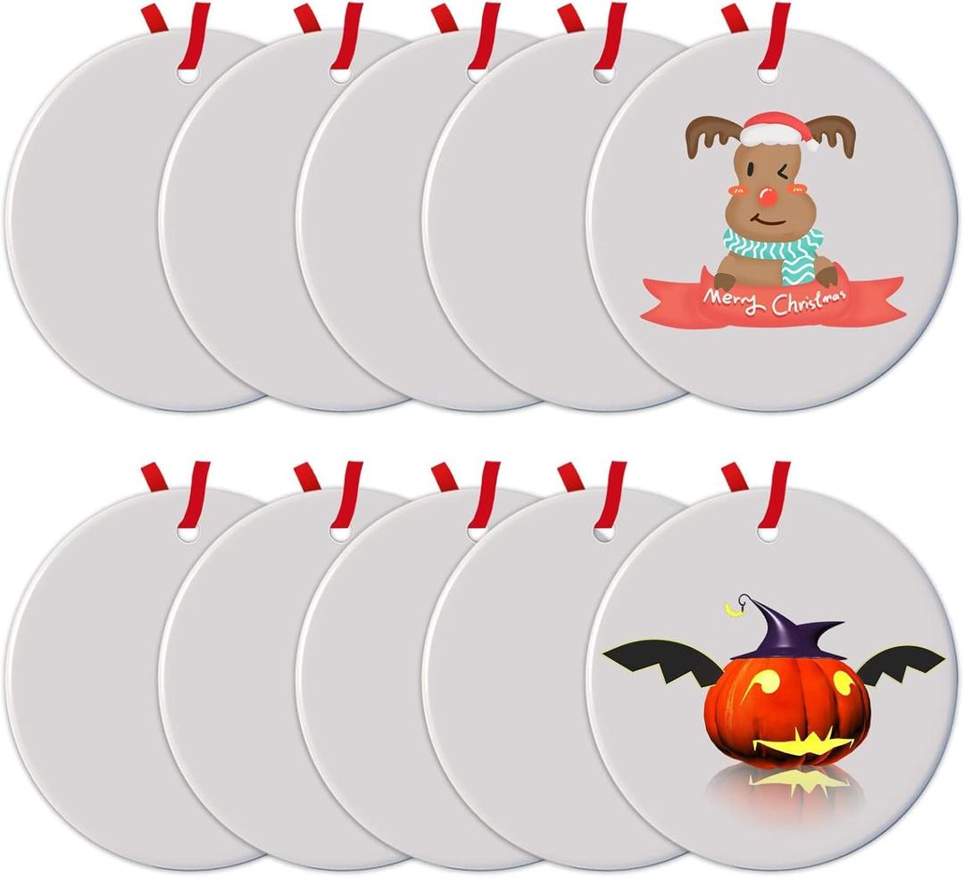 10Pcs Sublimation Ornament Blank Round White Blank Ceramic Ornament for Sublimation 2025 Christmas Double-Sided Paintable Decoration Circle Porcelain Deco for Heat Transfer Print DIY Craft Bulk