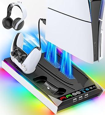 PS5/Slim/Pro Stand for Disc & Digital Console, PS5 Cooling & Charging Station with RGB Lights, PS5 Controller Charger Built-in 3 Level & AUTO Adjustable Fan, PS5/Slim/Pro Accessories Comes 3 USB Ports (Black & White)
