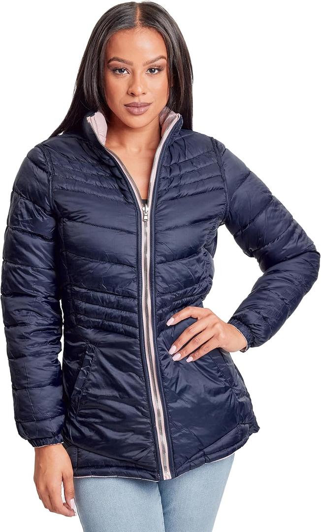 YMI Jeans Women's Winter Reversible Puffer Jacket, MAUNV, M