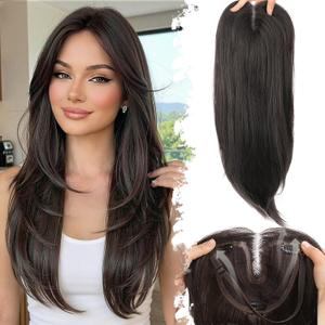 Eawwii Dark Brown Synthetic Hair Toppers for Women with Thinning 5x6 inch Large Base Coverage Clip in Wispy Bangs Upgraded Adjustable Bandage 24 Inch Long Layered