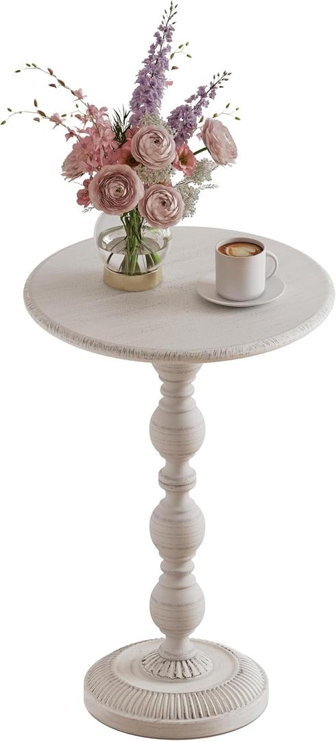 Small Round Metal Side Table, Lightweight Decorative Drink Table with Vintage Roman Column, Retro Distressed Accent Table for Living Room, Bedroom, Corners (1, Retro White)