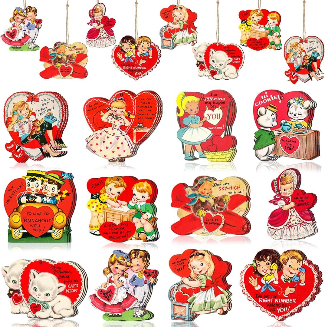 36Pcs Vintage Ornaments for Tree Decorations- Wooden Hanging Heart-Shaped Ornaments for Tree Decor Class Exchange Gifts Anniversary Birthday Party Supplies Favors