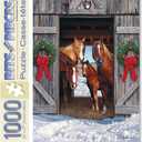 Bits and Pieces  1000 Piece Jigsaw Puzzle for Adults  Horse Barn Christmas - Winter Holiday Scene Jigsaw Puzzle by Artist Russell Cobane, Completed Puzzle Size: 20" x 27"