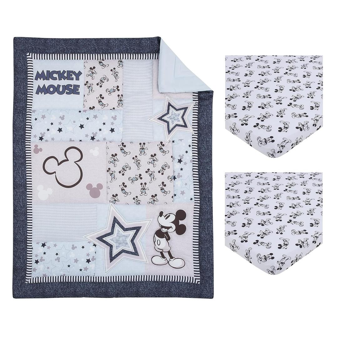 Disney Mickey Mouse Timeless Mickey Gray, White, & Blue Stars & Icons 3Piece Nursery Mini Crib Bedding Set - Comforter & Two Fitted Mini Crib Sheets, Navy, Grey, Black, White