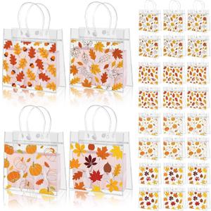 Beupy 24 Pcs Thanksgiving Bags Bulk Clear Fall Gift Bag with Handles Thanksgiving Treat Bag Pumpkin Maple Goodie Bags PVC Autumn Candy Favor for Fall Friendsgiving Party Favors Supplies