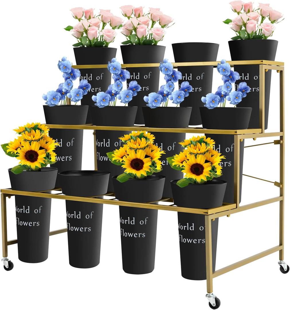Flower Display Stand with Buckets,3-Tier Flower Stand,Heavy Duty flower stand display for Indoor Flower Bar,Flower Shop,Outdoor Flower Pop-Up Events flower holder (Black)