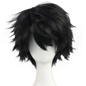 BESTBEL+Hair Cap Short Black Messy Wig for Men Short Messy Wig Black Synthetic Anime Hair for Halloween Cosplay Mens Cosplay Outfit for Costume Party