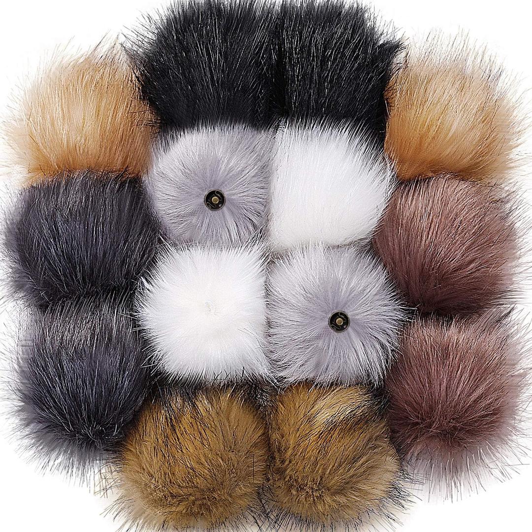 Bememo 14 Pieces Faux Fur Pom Pom Ball Fluffy Pompom Ball with Removable Press Button for Knitting Hat Gloves Keychains Accessories(Popular Mix Colors)