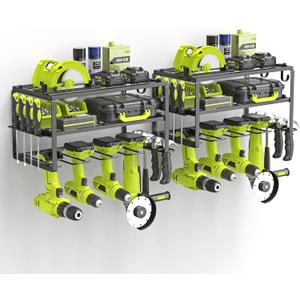 3-Tier Heavy Duty Steel Power Tool Organizer, Matte Black, 3 Layers Tool Rack Cordless Drill, Floating Shelf Wall Mounted, 4 Drill Holders