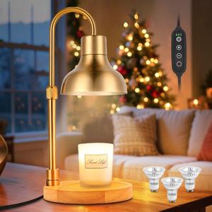 Candle Warmer Lamp with Timer & 3 Bulbs, Dimmable Electric Candle Light Adjustable Height and Brightness Candle Wax Warmer for Jar Candles Bedroom Home Decor House Warming Gift (Gold)