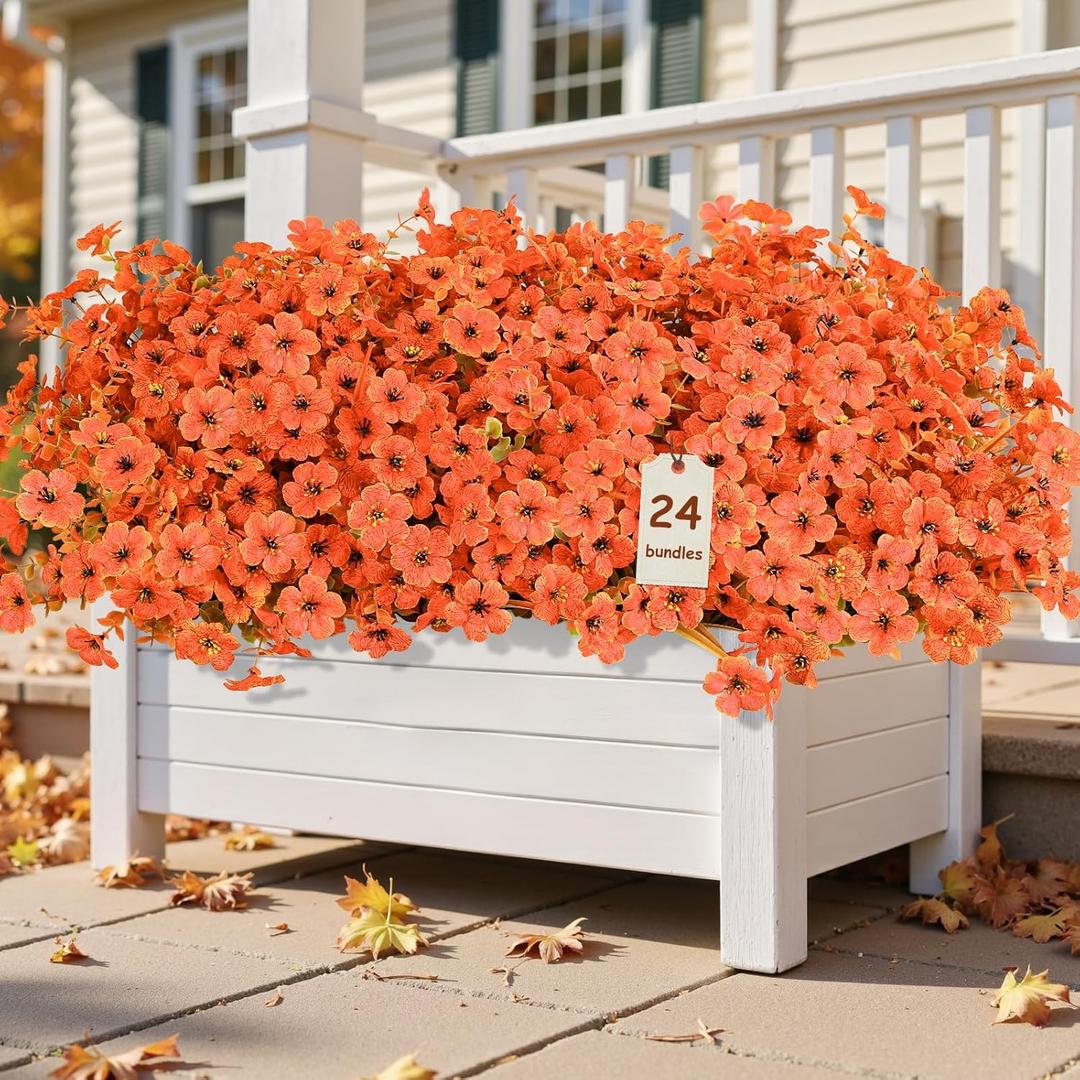 Alupssuc 24 Bundles Artificial Fall Mums Flowers for Outdoors Decoration, UV Resistant Silk Violet and Faux Eucalyptus Autumn Fake Plants for Outside Indoor Yard Home Patio Porch Decor