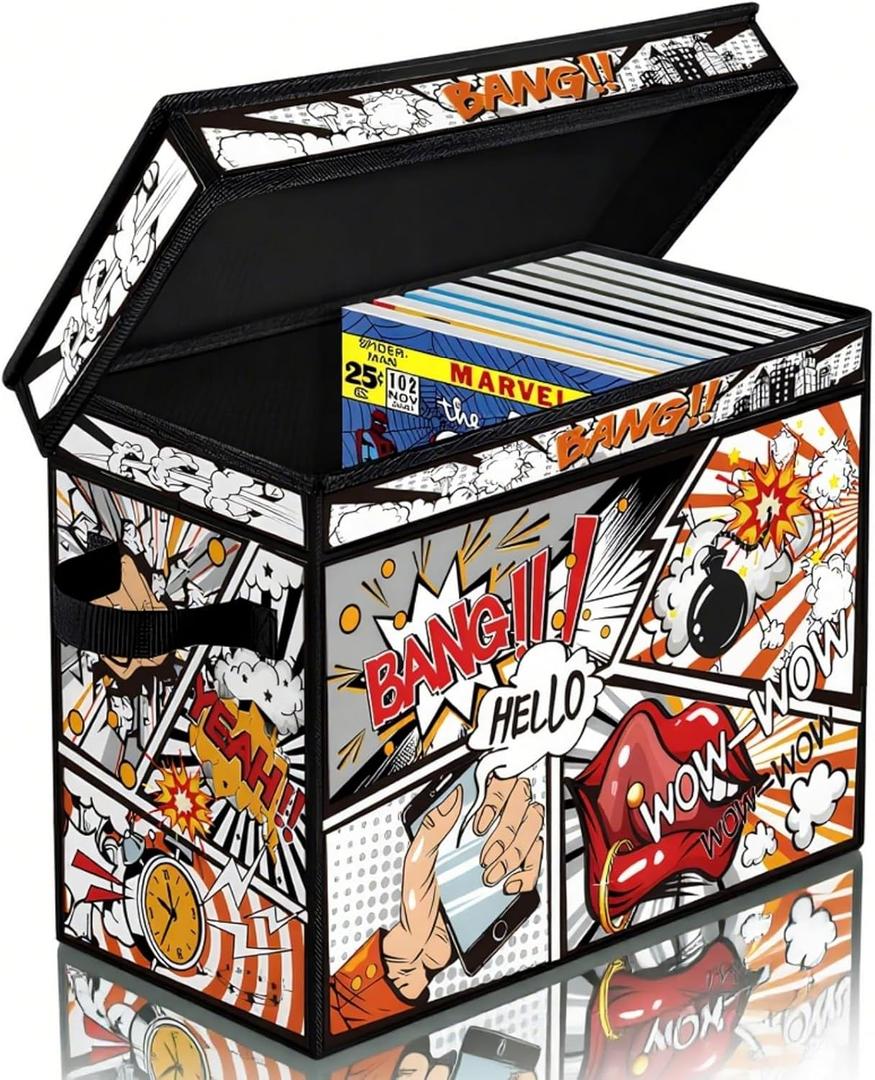 Comic Book Storage Box, 15.3" x 7.8" x 11.8" Large Comic Book Case, Oxford Fabric Organizer, Collapsible Storage Bin with Lid and Handles for Books Magazines Collections, Cartoon Colorful