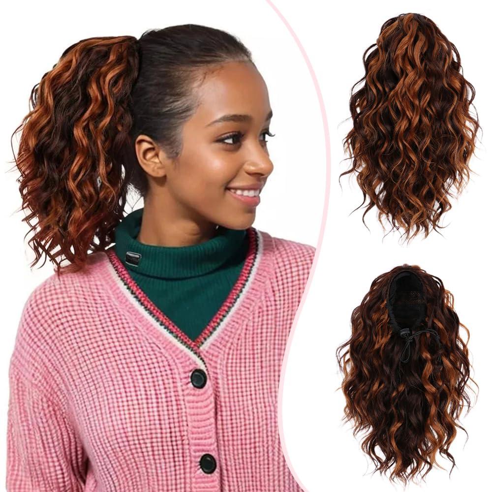 Short Deep Wave Drawstring Ponytail for Women 10 Inch Medium Brown Mixed Light Auburn Curly Hair Extension Deep Curly Wave Hair Pony Tails Hair Extensions for Daily Use (P4/30)