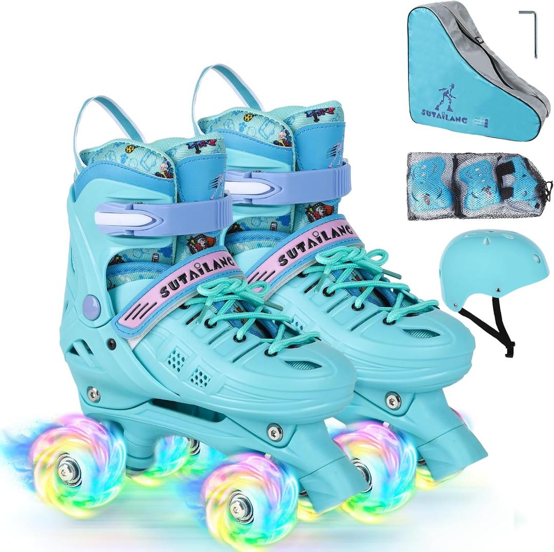 Roller Skates, Adjustable Roller Skates with Light up Wheels for Girls Boys Teens, Beginner & Advance | with Protective Gears and Carry Bag S- Little Kids (12C-2Y)