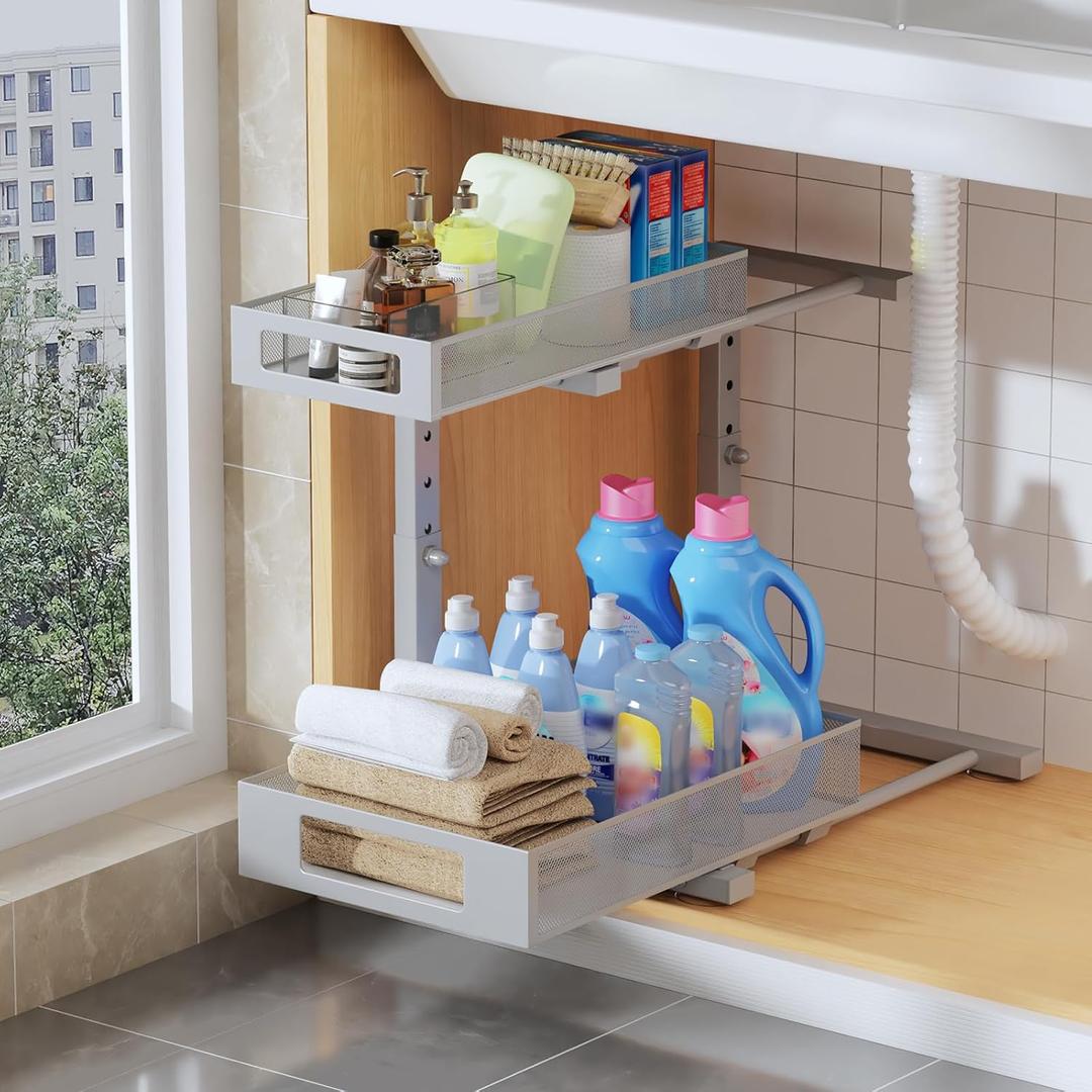 1 Pack 11.8"-16.8"H Under Sink Organizers And Storage Height Adjustable,2-Tier Pull Out Under Cabinet Shelf Organizer,Multi-Use Slide Out Drawer For Bathroom Kitchen Laundry-Gray
