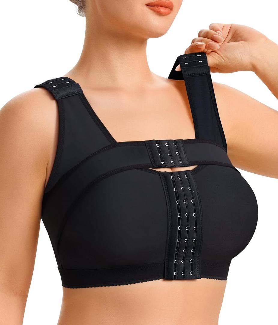 CYDREAM Front Closure Surgical Bra Wireless Bras for Women No Underwire Post Surgery Compression Support Band Full Coverage (Large, Black)