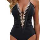 BMJL Women's Sexy One Piece Swimsuit Ruched Tummy Control Bathing Suit Plunge Color Block Swimwear (Medium, Black)