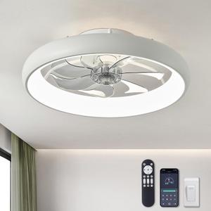 LUDOMIDE Ceiling Fans with Lights and Remote, 20'' Low Profile Flush Mount, 6 Wind Speeds, Modern Dimmable LED Ceiling Fan, Smart Ceiling Fan for Bedroom, Kids Room (White)