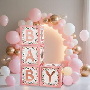 Baby Shower Decorations, Pink Baby Boxes with Letters, 4pcs Floral Baby Shower Decorations for Boy Girl, Balloon Boxes for Gender Reveal Birthday Party Supplies (Pink)