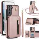 Asuwish Phone Case for Samsung Galaxy S21 5G 6.2 inch RFID Wallet Cell Cover with Tempered Glass Screen Protector Crossbody Strap Credit Card Holder Slot Stand S 21 21S G5 Women Men Rose Gold