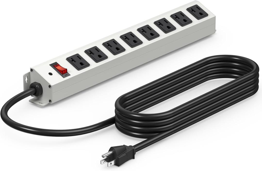 CCCEI Corner Mount Angle Power Strip, Under Cabinet Heavy Duty 8 Outlets Power Strip 20Amp, Metal Underneath Desk Plug Surge Protector, Wall Mountable, for Garage, Shop, Kitchen. 15FT Extension Cord.