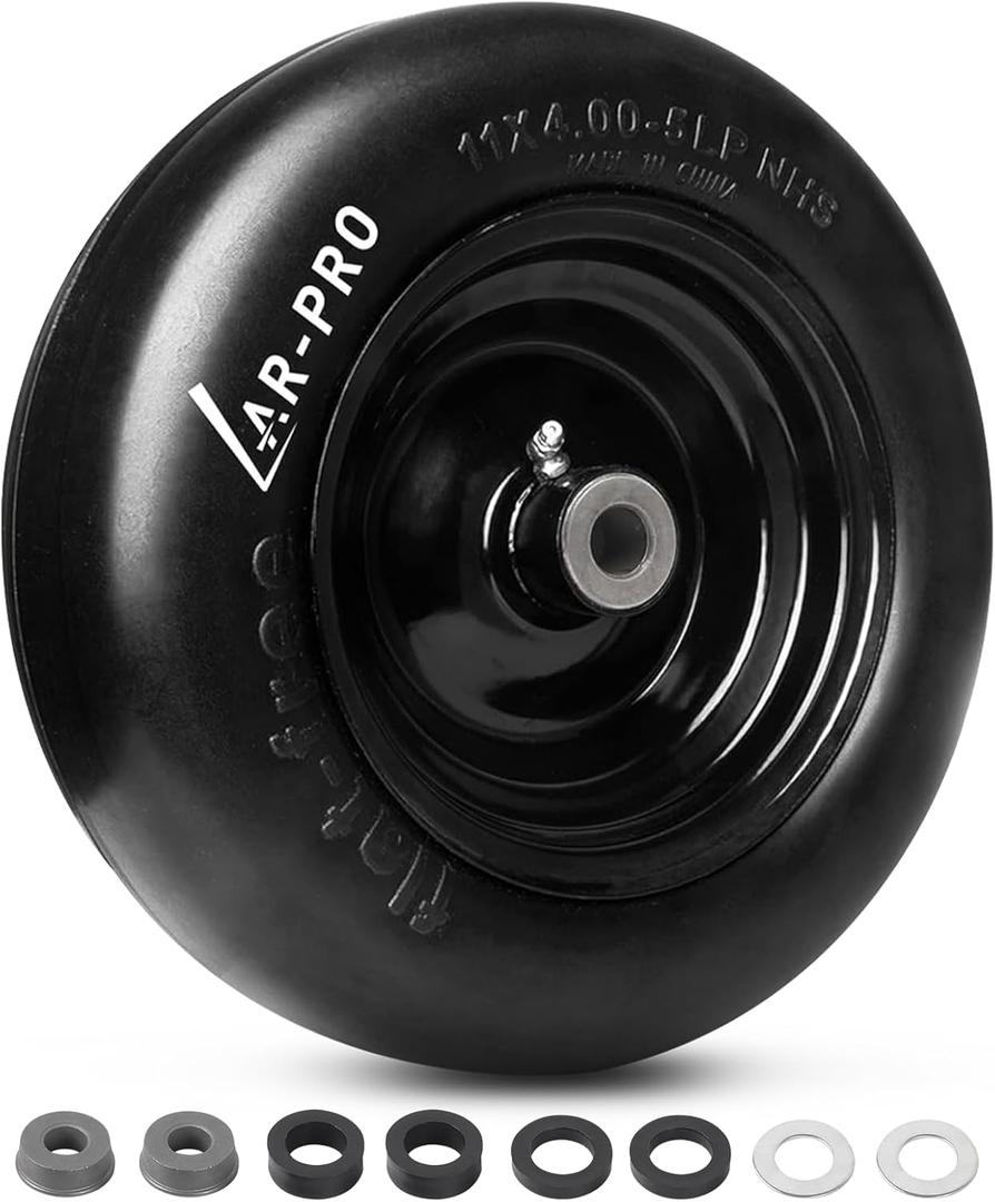 AR-PRO 11x4.00-5 Flat Free Front Tire and Wheel for Riding Lawn Mowers, Zero Turn Mowers, Turf-Friendly Solid Smooth Tread Tire with 3.4" Centered Hub, 3/4" Bushings extra 5/8" (1-Pack)