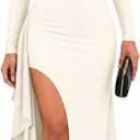 ENOPINK Women's One Shoulder Long Sleeve Formal Cocktail Wedding Guest Maxi Dresses Sexy High Slit Bodycon Evening Gowns (M)