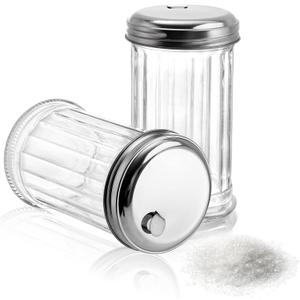 Tebery 2 Pack 12OZ Glass Sugar Dispenser/Pourer/Shaker with Stainless Steel Pour-Flap Lid, Retro Style