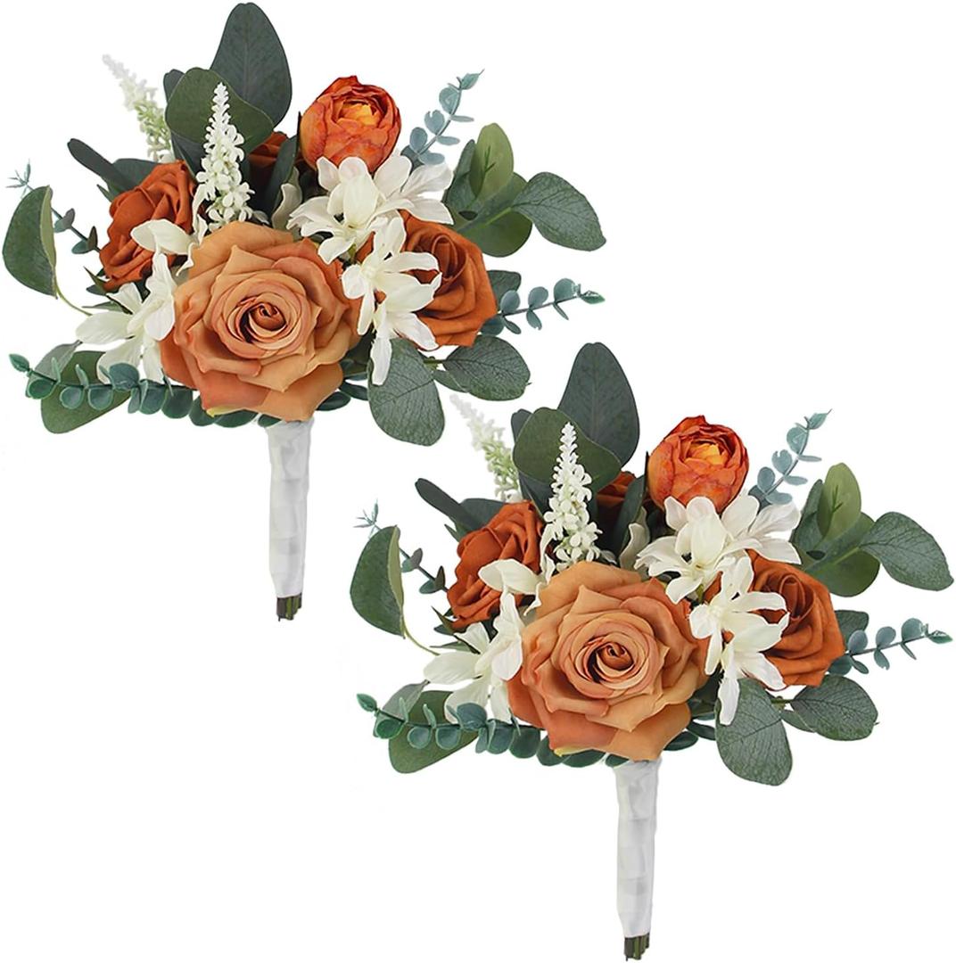 Rinlong 2Pcs Fall Bridesmaid Bouquet Burnt Orange Wedding Bouquets for Bridesmaids Artificial Flowers Boho Terracotta Wedding Bouquet