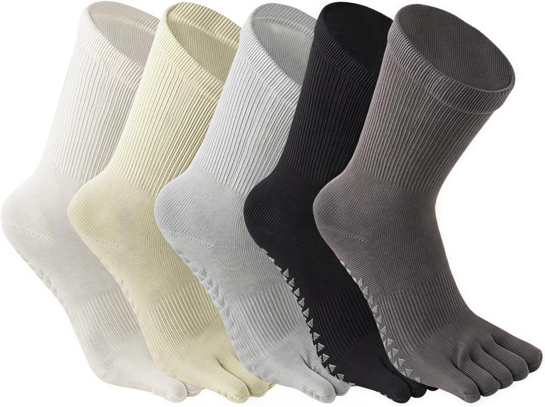 5 Pairs Women's Mid Calf Yoga Socks Non Slip Five Toe Medium Cushion Cotton, Dot Rubber Sole for Pilates, Dance, Barre, Gym Girl's Barefoot Soft Boot Socks