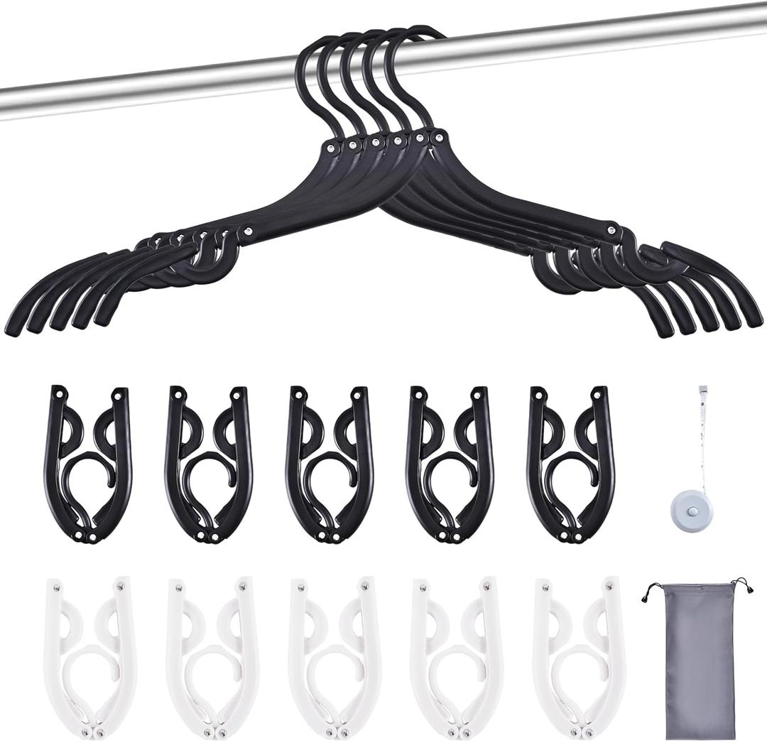 10-Pack Foldable Travel Hangers with Gift Box  Thickened ABS & Aluminum Rivets, Non-Slip Design for Delicate Clothes, Compact 5.5x3 Inch, Black/White