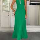 ZESICA Womens 2026 Summer Long Maxi Dress Sleeveless Crew Neck Hollow Out Pleated Ribbed Knit Swing Tank Dresses,Green,Large