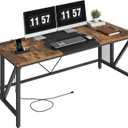 YATINEY 63" Computer Desk with Power Outlets, Gaming Desk, Large Office Executive Desk Workstation, Business Furniture for Home Office, Study, Rustic Brown and Black DN16UBR, 63"L x 27.6"W x 29.9"H