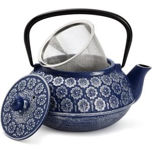 Japanese Cast Iron Teapot with Infuser for Loose Leaf and Tea Bags, Kettle Includes Handle and Removable Lid (Blue, 34oz)