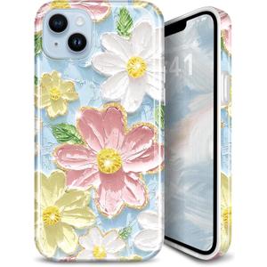 Compatible with iPhone 15 Case Sparkle Glitter Retro Oil Painting Printed Flower Design Slim Shockproof Protective TPU Soft Silicone Cover Phone Case Blue Pink