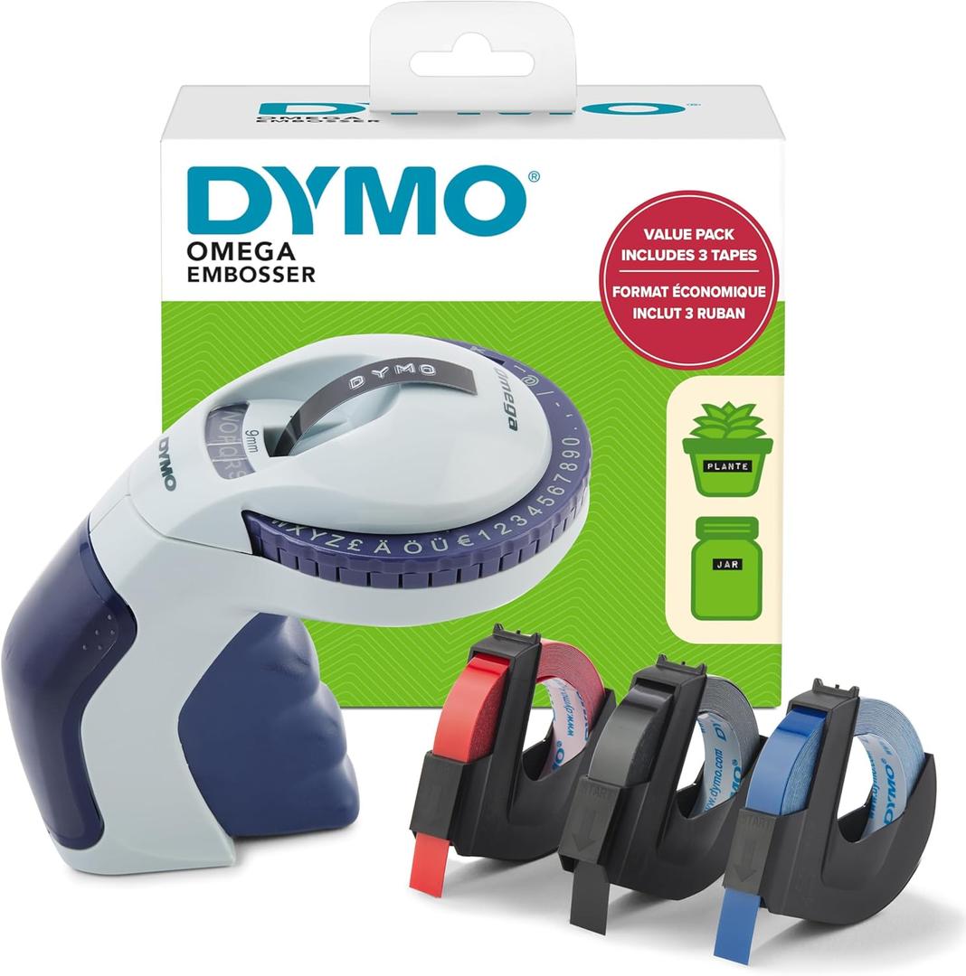 Dymo Embossing Label Maker with 3 Label Tapes | Omega Label Maker Starter Kit | Small, Ergonomic Design with Turn Click Wheel | for Home, DIY & Crafting, 1PC